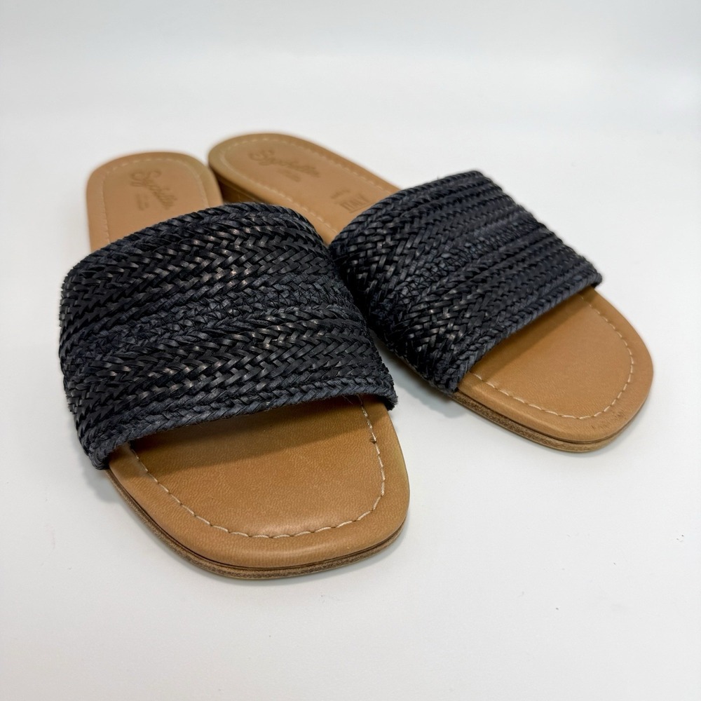 Seychelles Woven Raffia Slide Sandals- Palm Perfection Black Women's Size 7.5